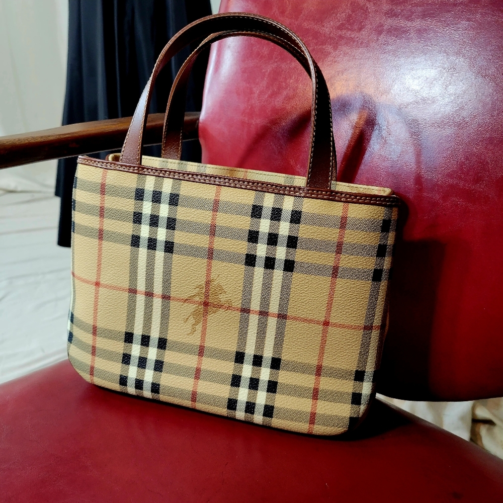 Burberry Nova Check Handbag PVC Brown Handles Dust Cover Designer Purse